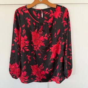 Talbots Woman’s Blouse Black Red Roses Floral Print Christmas Romantic Petite M